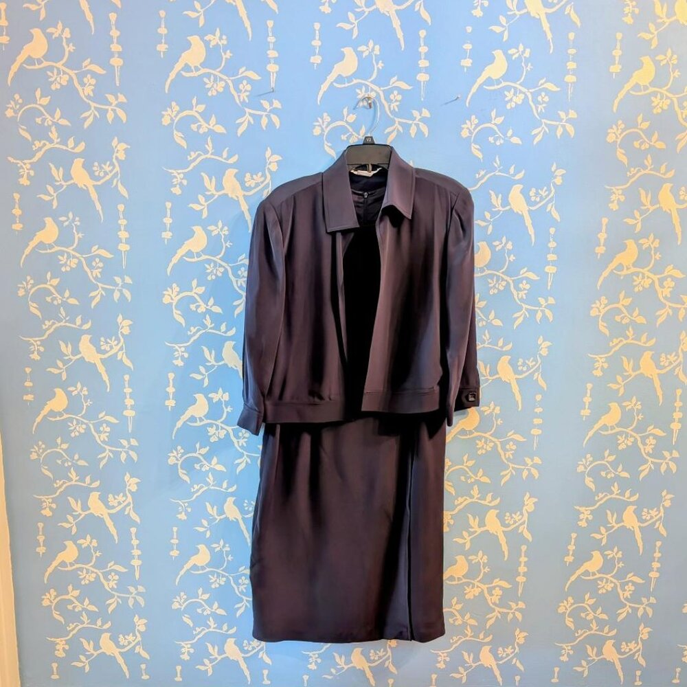 Vintage Maggie London 2-Piece Navy Silk Dress-Jacket